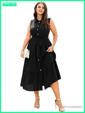 Plus Size Women's Summer Sundress Elegant Sleeveless Button Belted Tiered Boho